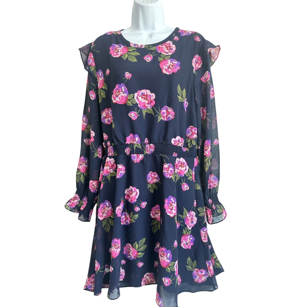 Maison Jules Navy Floral Dress Flowy Smocked Romantic Boho Chic Travel Large NWT - Picture 2 of 16